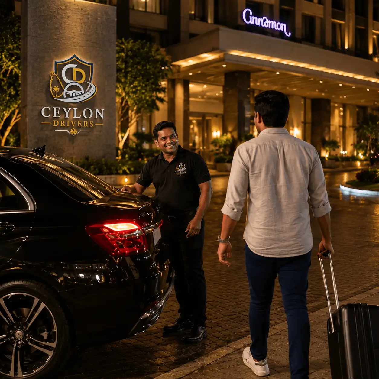 Ceylon Drivers designated driver meeting a customer at a Colombo hotel at night