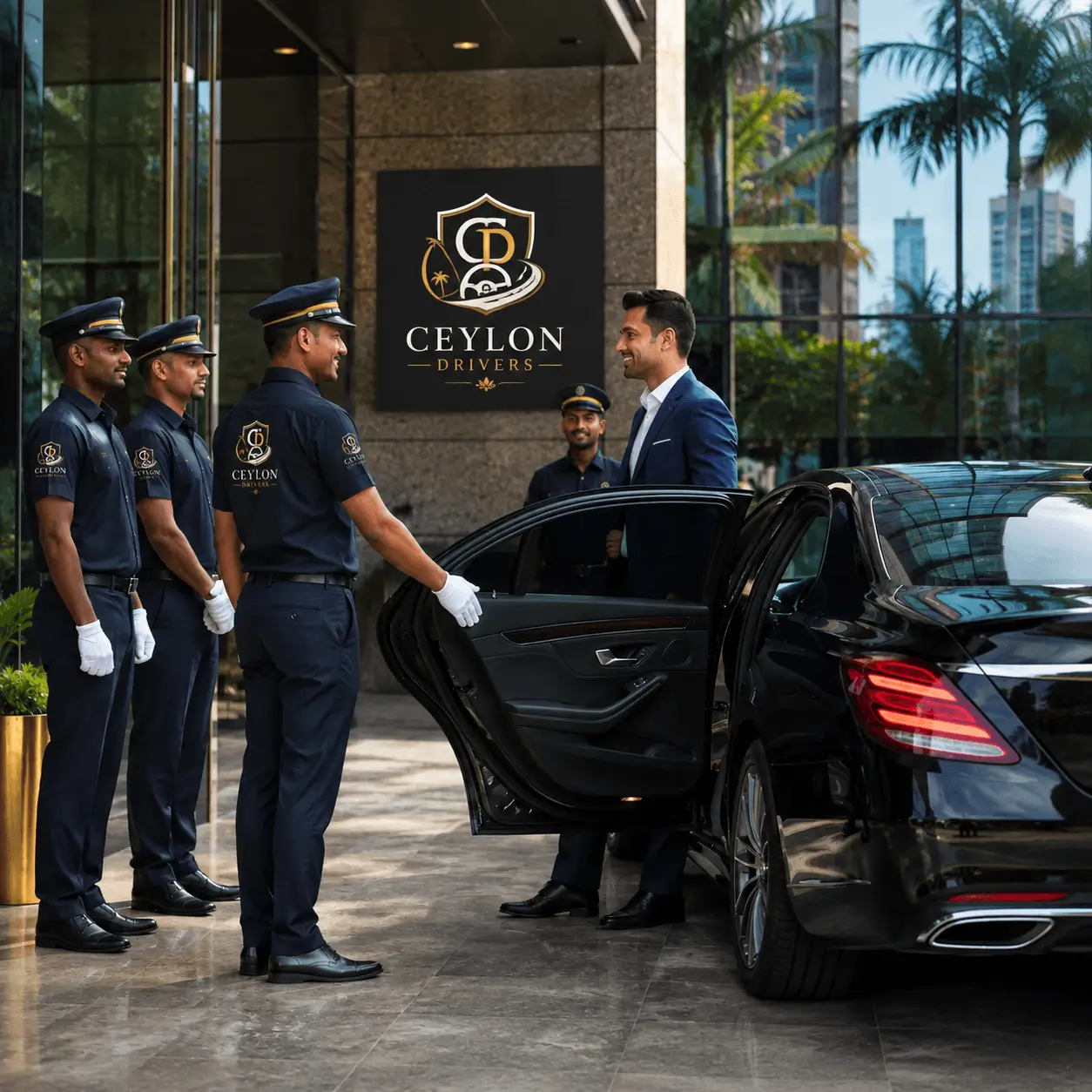Ceylon Drivers professional chauffeurs welcoming a client into his car in Colombo
